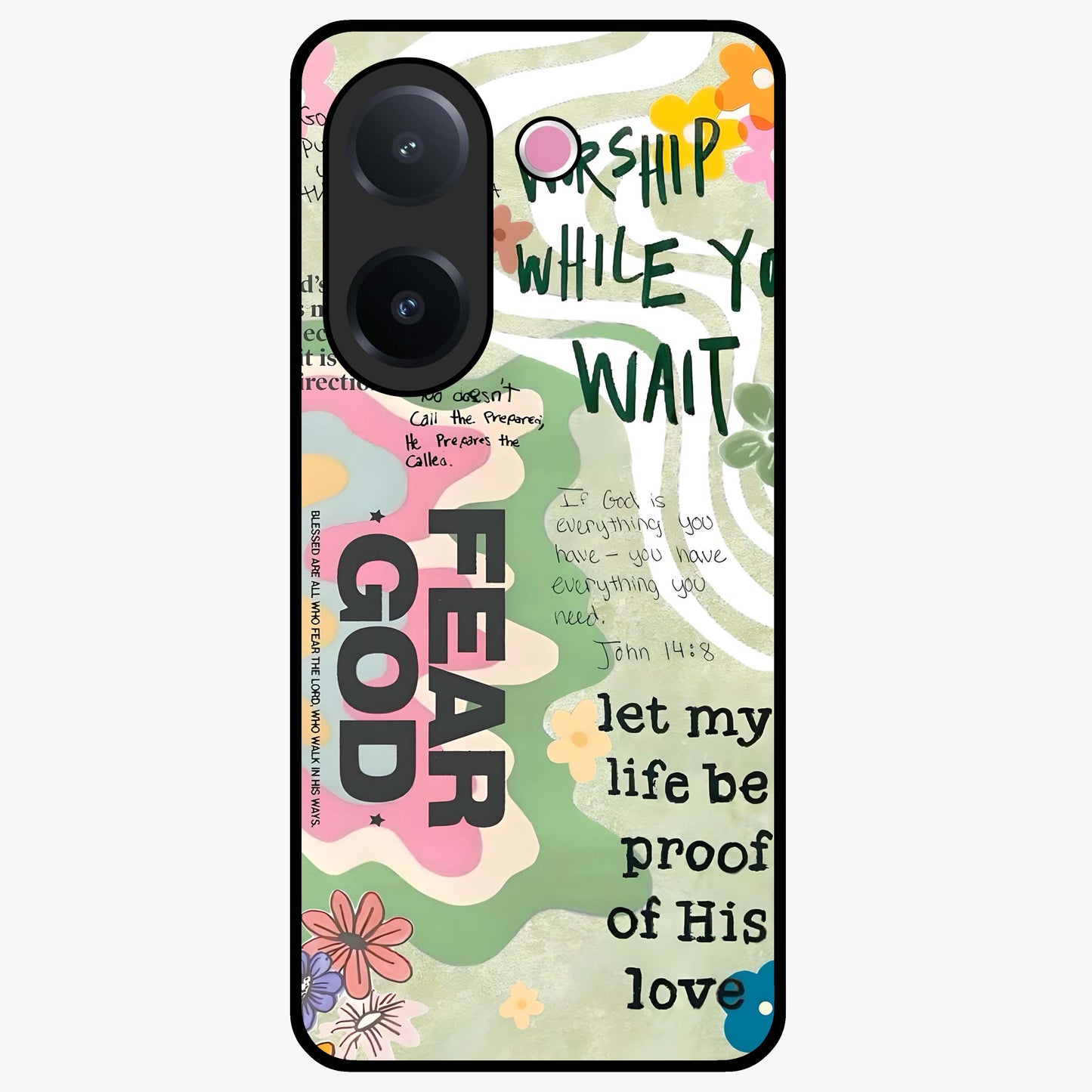 Faith Over Fear Glass Case showing flat back view with motivational typography artwork and glossy glass finish.