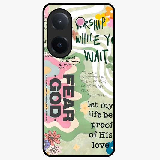 Faith Over Fear Glass Case showing flat back view with motivational typography artwork and glossy glass finish.