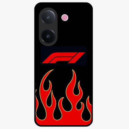 Fire F11 Glass Case showing flat back view with fiery themed artwork and glossy glass finish.