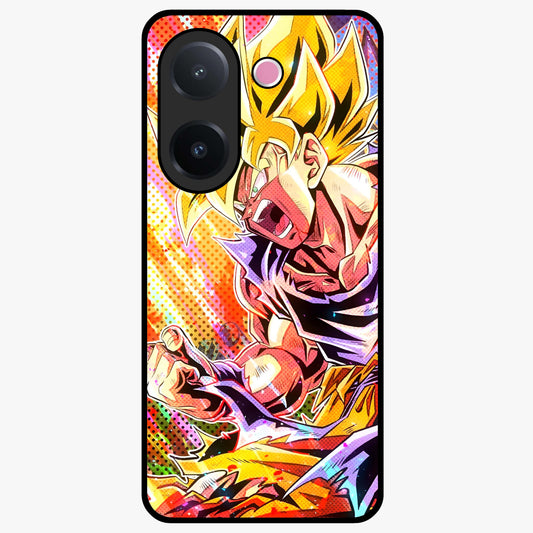 Firing Goku Glass Case showing flat back view with powerful anime inspired artwork and glossy glass finish.