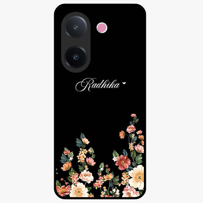 Floral Design With a Custom Personalized Name Glass Case showing flat back view with floral artwork and personalized name design.
