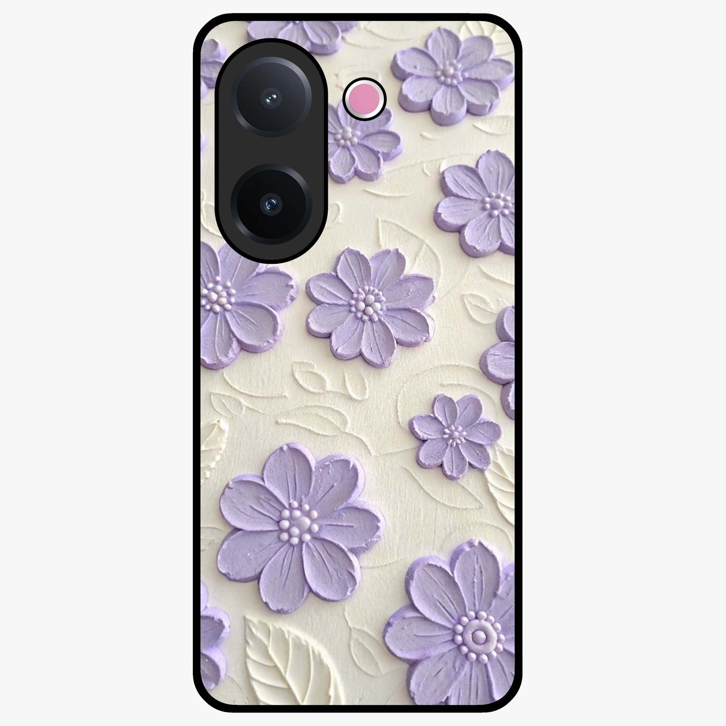 Floral Wall Art With Purple Flowers Glass Case showing flat back view with purple flower artwork and glossy glass finish.