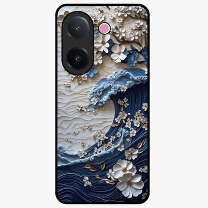 Floral Wave Origami Glass Case showing flat back view with origami inspired floral wave artwork and glossy glass finish.