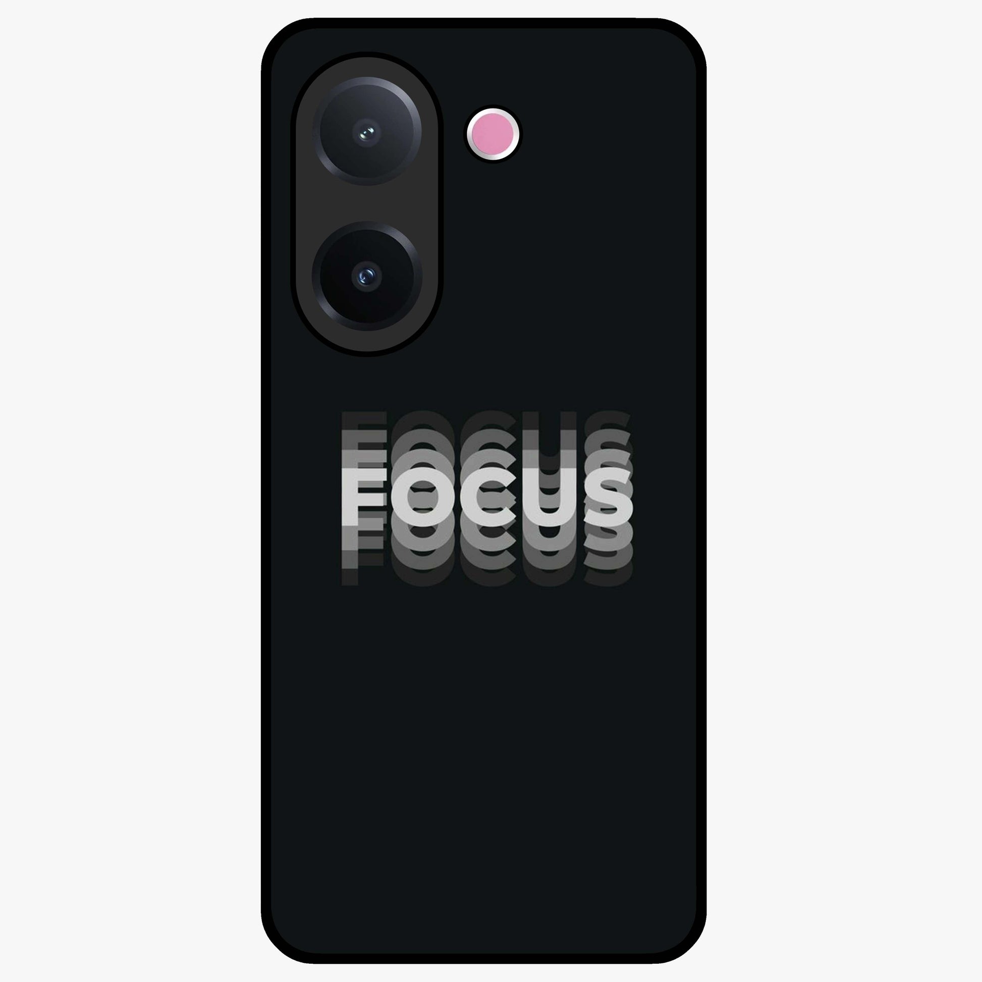 Focus Mode On Glass Case showing flat back view with bold motivational typography design and glossy glass finish.