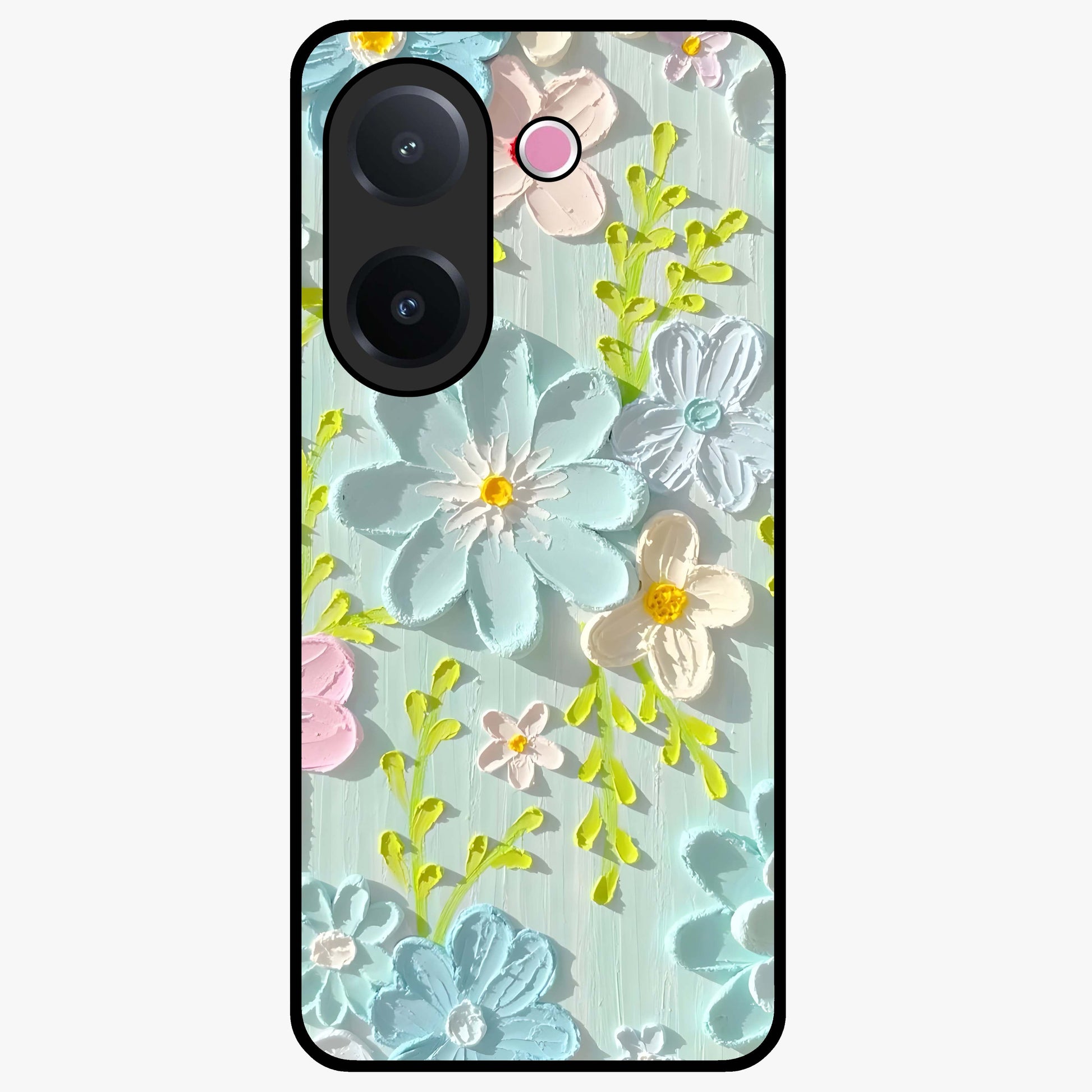 Frosted Petal Garden Glass Case showing flat back view with soft frosted floral artwork and glossy glass finish.