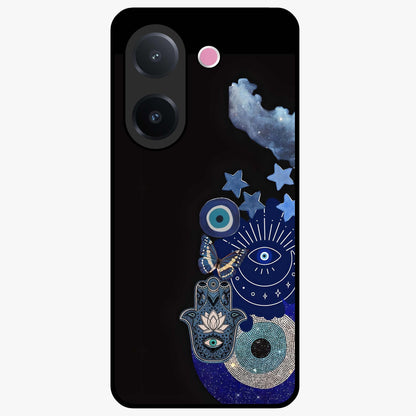 Galactic Charm Cluster Glass Case showing flat back view with glowing celestial charm artwork and glossy glass finish.