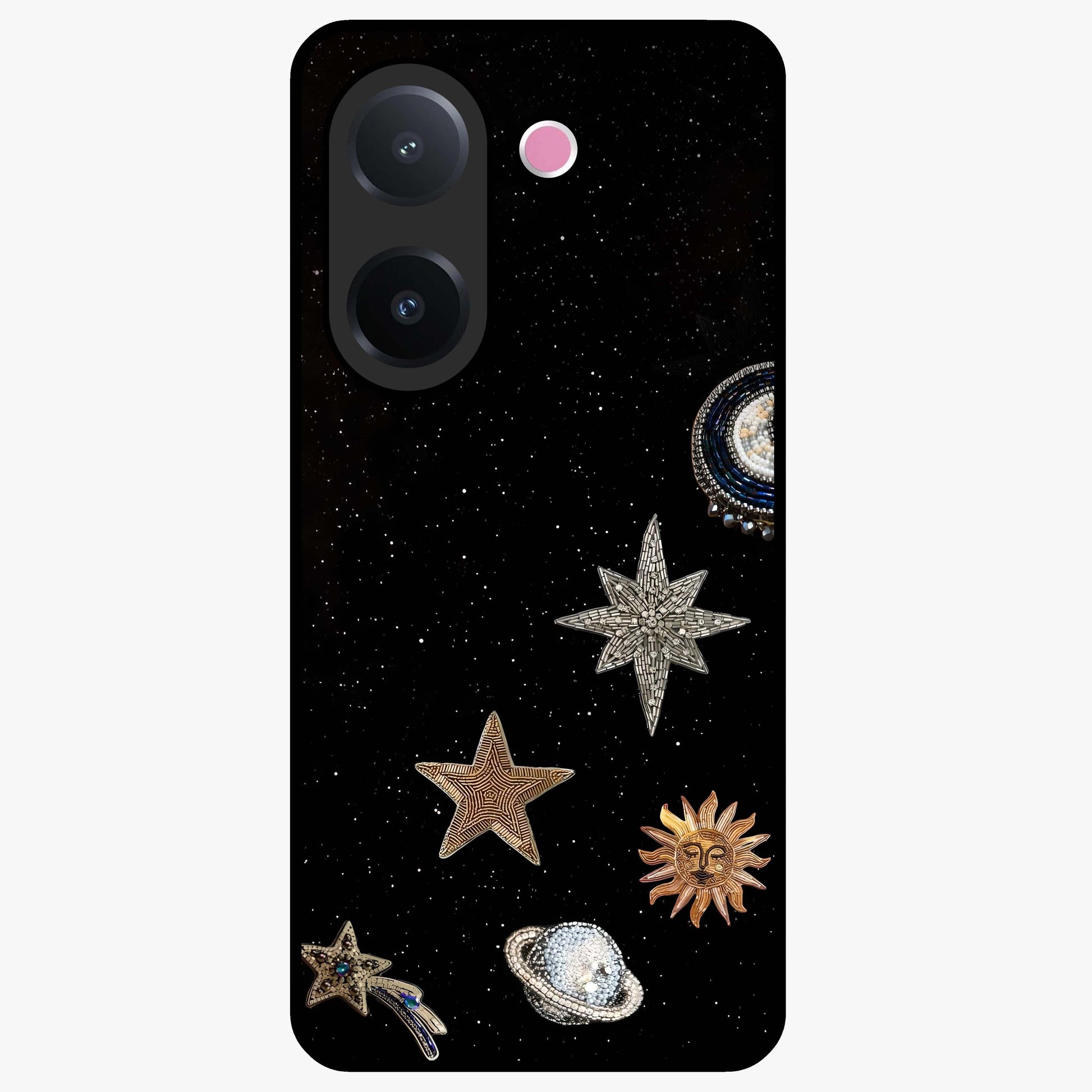 Galactic Charm Glow Glass Case showing flat back view with glowing celestial charm artwork and glossy glass finish.