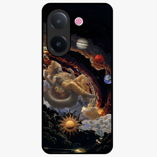 Galactic Divine God Glass Case showing flat back view with divine cosmic themed artwork and glossy glass finish.