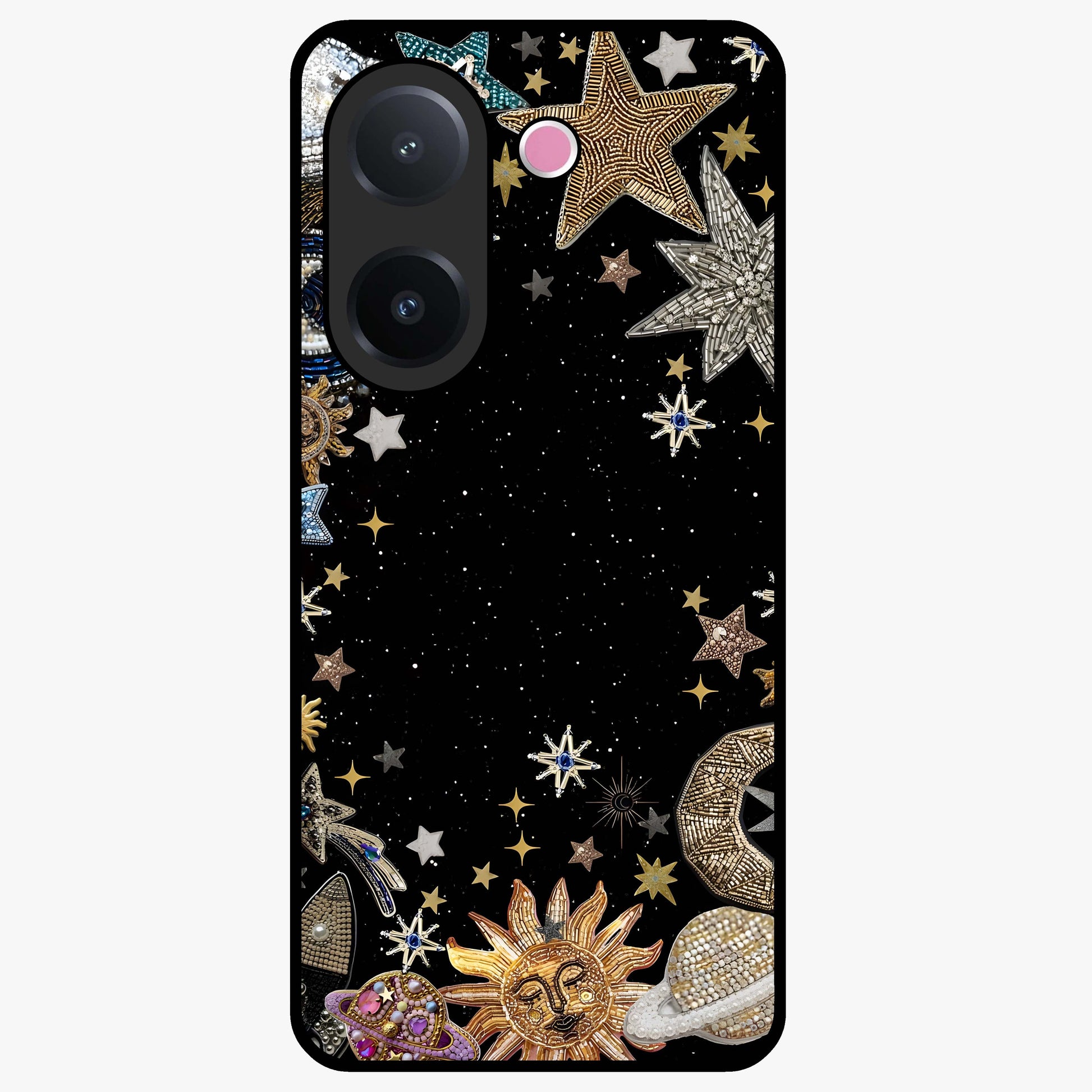 Galactic Jewel Stars Glass Case showing flat back view with sparkling star jewel artwork and glossy glass finish.