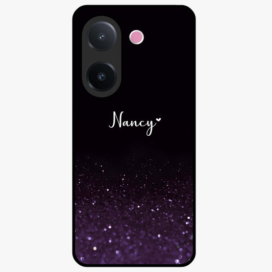 Glittery Purple Bokeh Custom Name Glass Case showing flat back view with purple bokeh sparkle artwork and personalized name design.