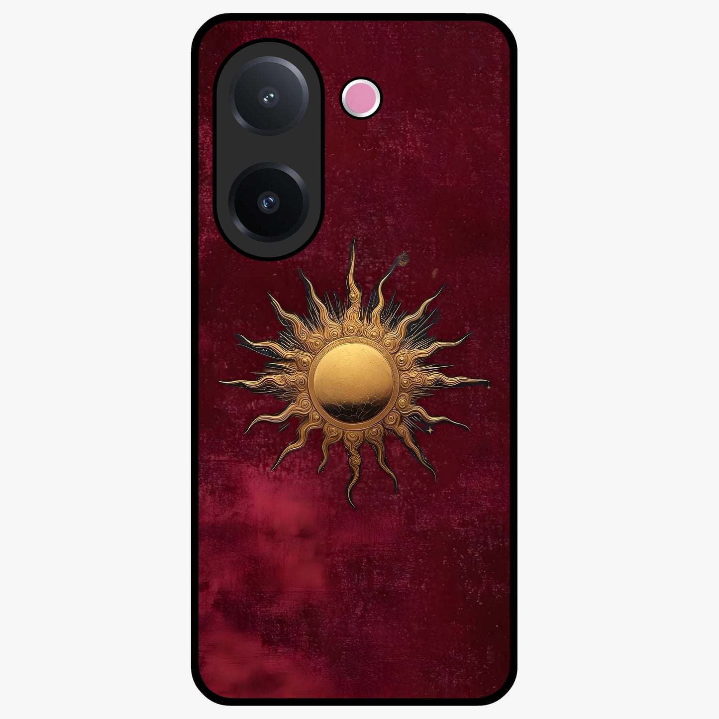 Gold Sun Blush Glass Case showing flat back view with golden sun inspired artwork and glossy glass finish.