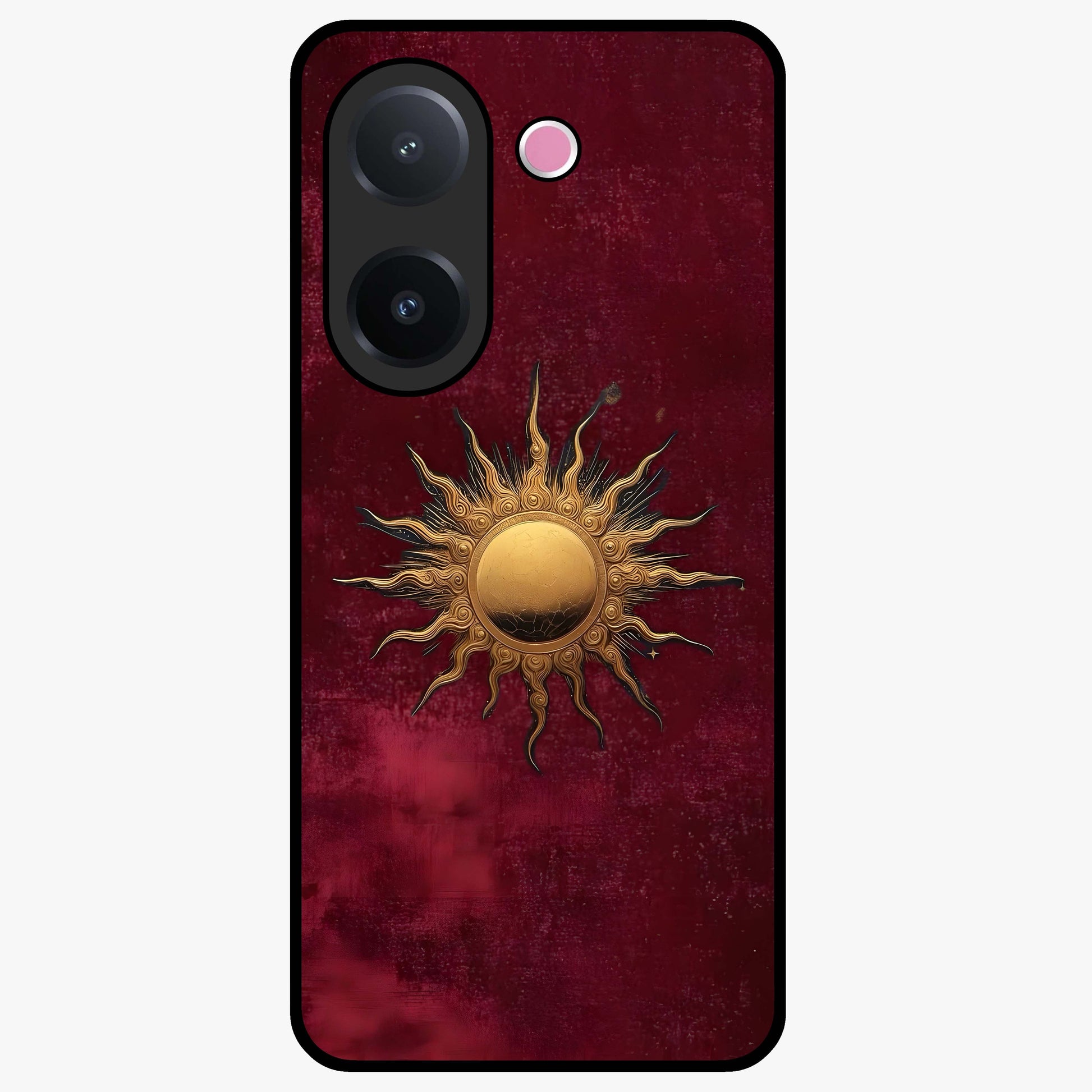 Gold Sun Blush Glass Case showing flat back view with golden sun inspired artwork and glossy glass finish.