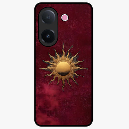 Gold Sun Blush Glass Case showing flat back view with golden sun inspired artwork and glossy glass finish.