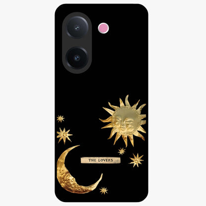 Golden Celestial Charm Glass Case showing flat back view with golden celestial charm artwork and glossy glass finish.
