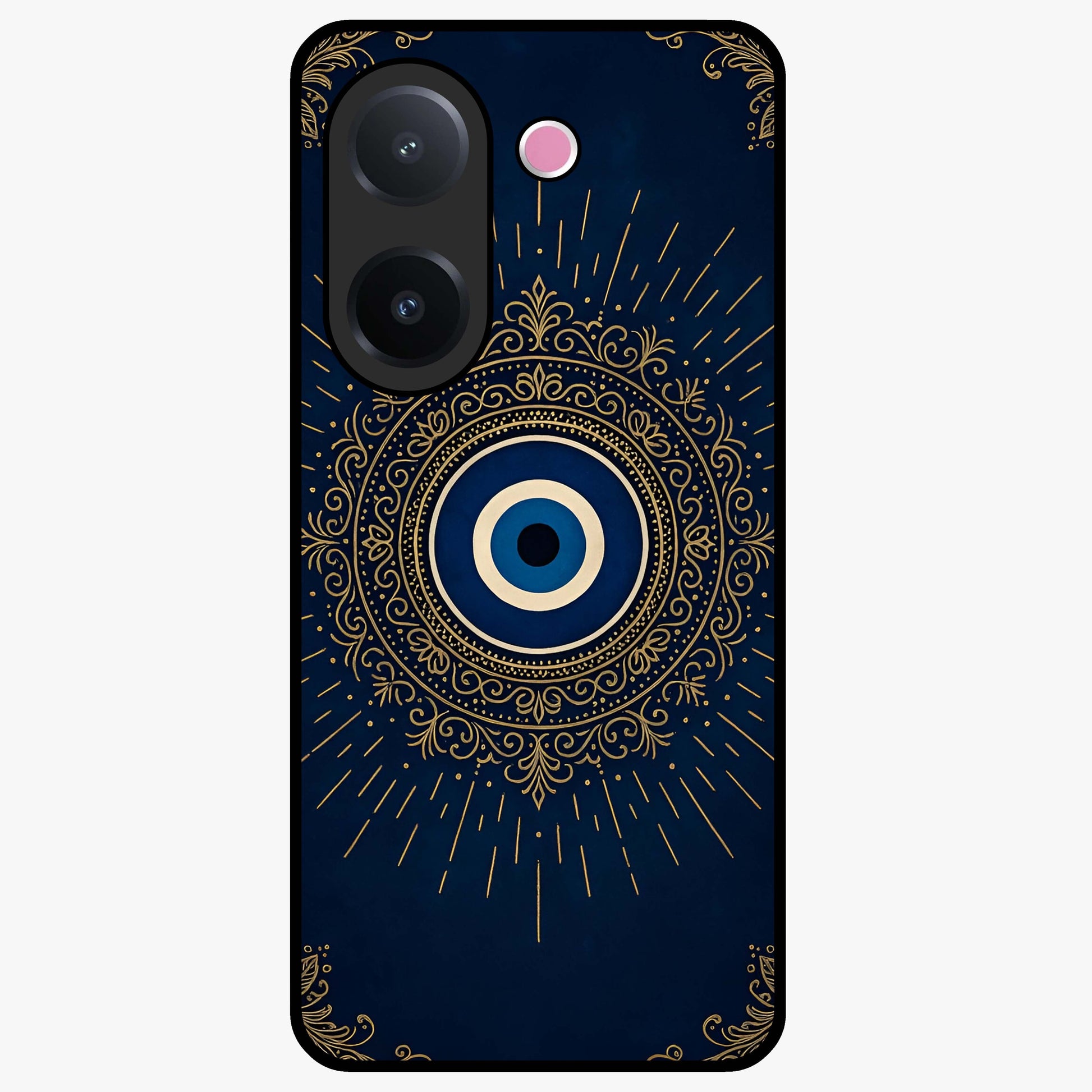 Golden Evil Eye Mandala Glass Case showing flat back view with intricate evil eye mandala artwork and glossy glass finish.