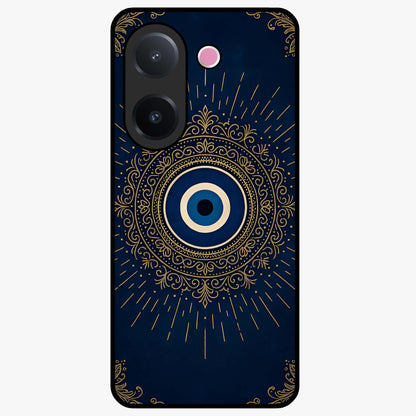 Golden Evil Eye Mandala Glass Case showing flat back view with intricate evil eye mandala artwork and glossy glass finish.