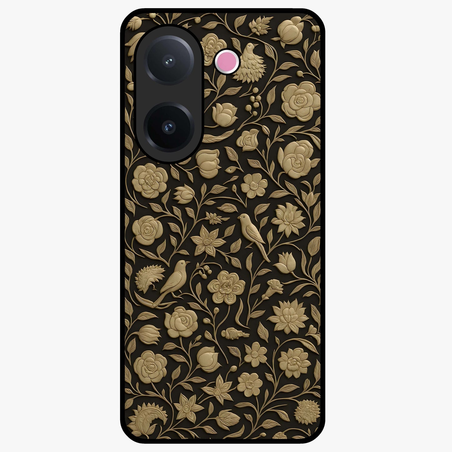 Golden Floral Majesty Glass Case showing flat back view with luxurious golden floral artwork and glossy glass finish.