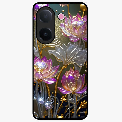 Golden Lotus Glow Glass Case showing flat back view with glowing lotus flower artwork and glossy glass finish.