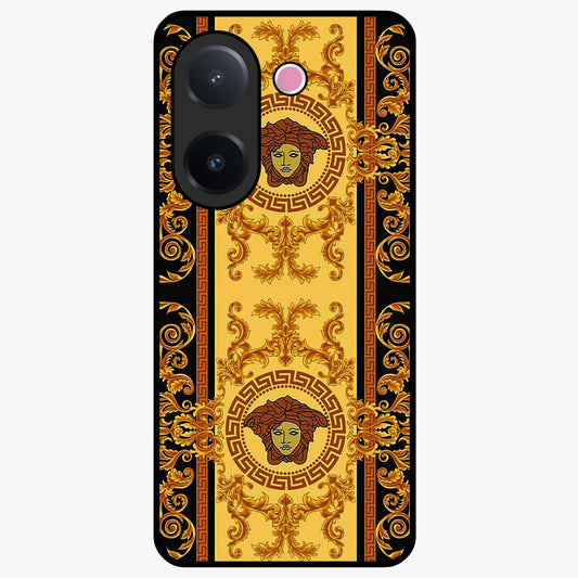 Golden Royal Heritage Glass Case showing flat back view with ornate royal pattern artwork and glossy glass finish.