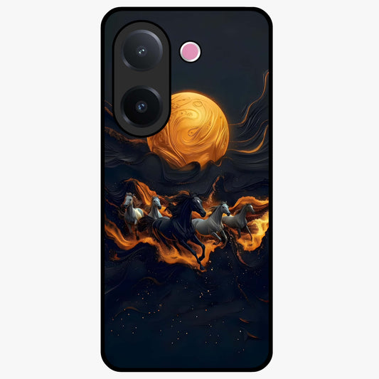 Golden Stallion Moonride Glass Case showing flat back view with majestic horse under moonlight artwork and glossy glass finish.