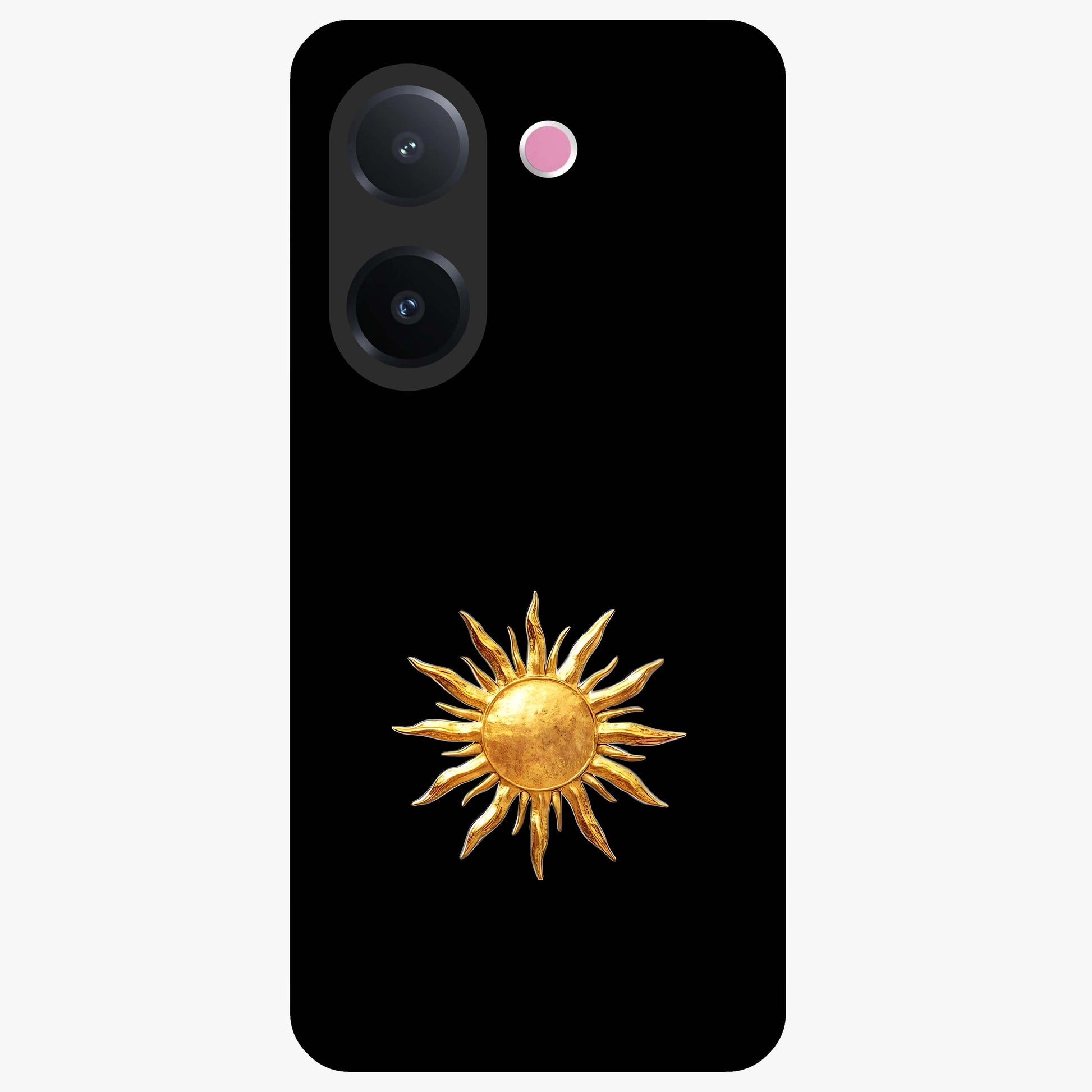 Golden Sun Minimalism Glass Case showing flat back view with minimal golden sun artwork and glossy glass finish.