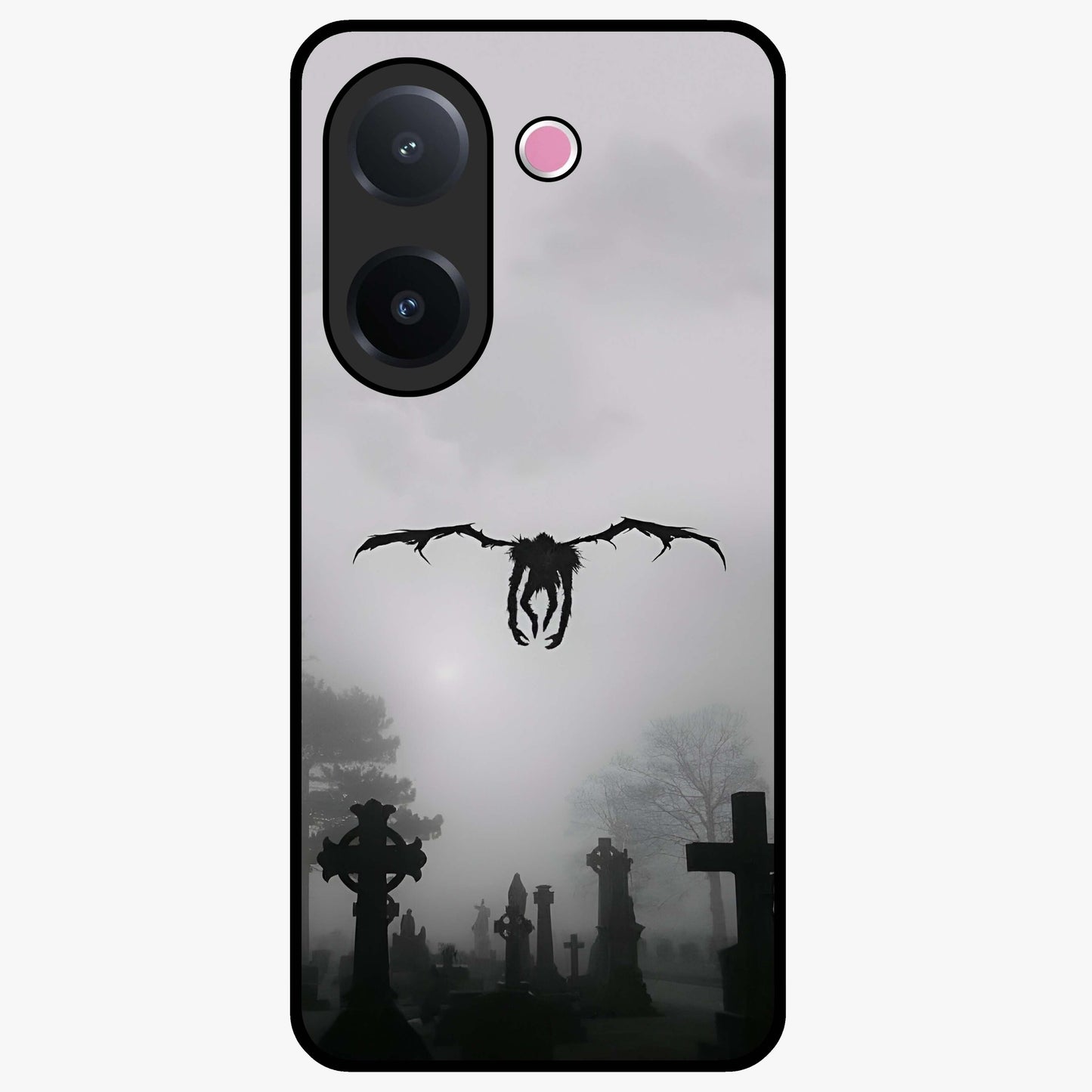 Graveyard Shadow Descent Glass Case showing flat back view with dark graveyard themed artwork and glossy glass finish.