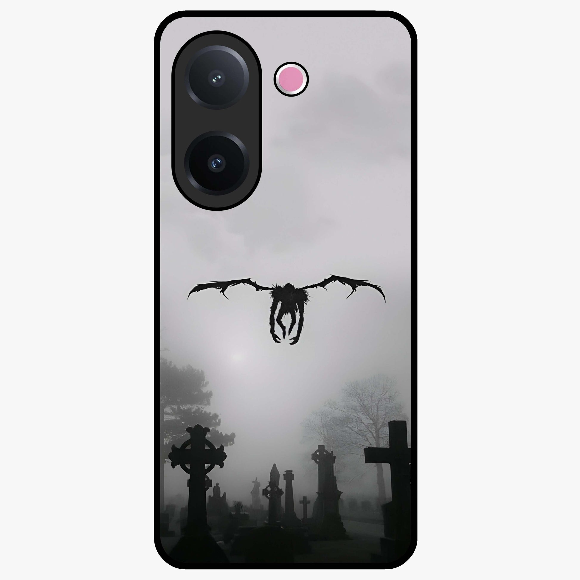 Graveyard Shadow Descent Glass Case showing flat back view with dark graveyard themed artwork and glossy glass finish.