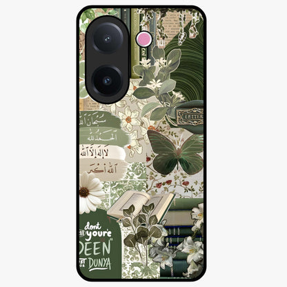 Green Islamic Books Quotes Glass Case showing flat back view with Islamic quotes and book themed artwork and glossy glass finish.