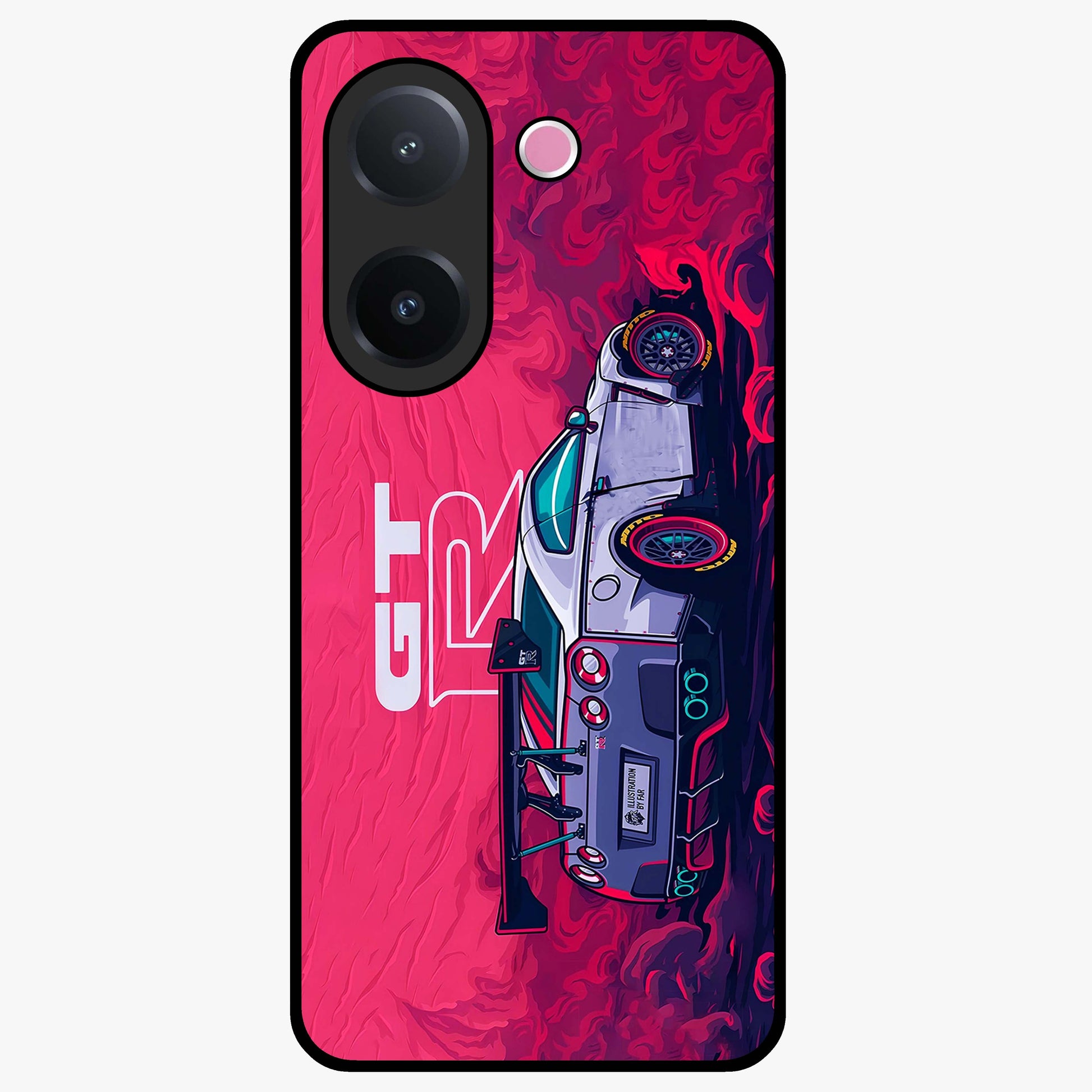 GT-R Car Pattern Glass Case showing flat back view with sporty car inspired pattern artwork and glossy glass finish.