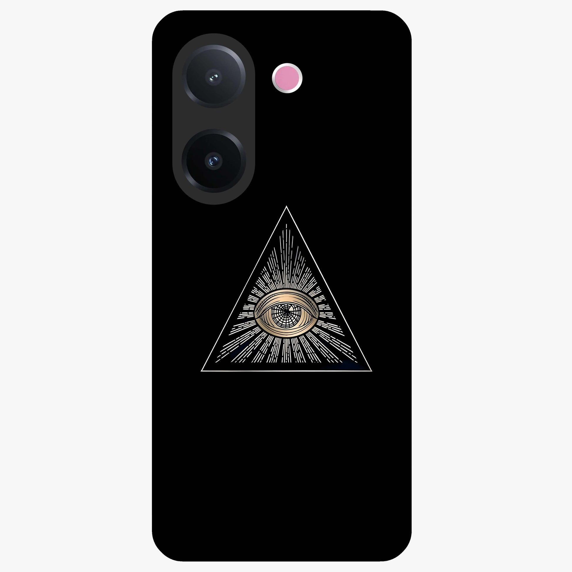 Illuminati Evil Glass Case showing flat back view with mysterious illuminati symbol artwork and glossy glass finish.