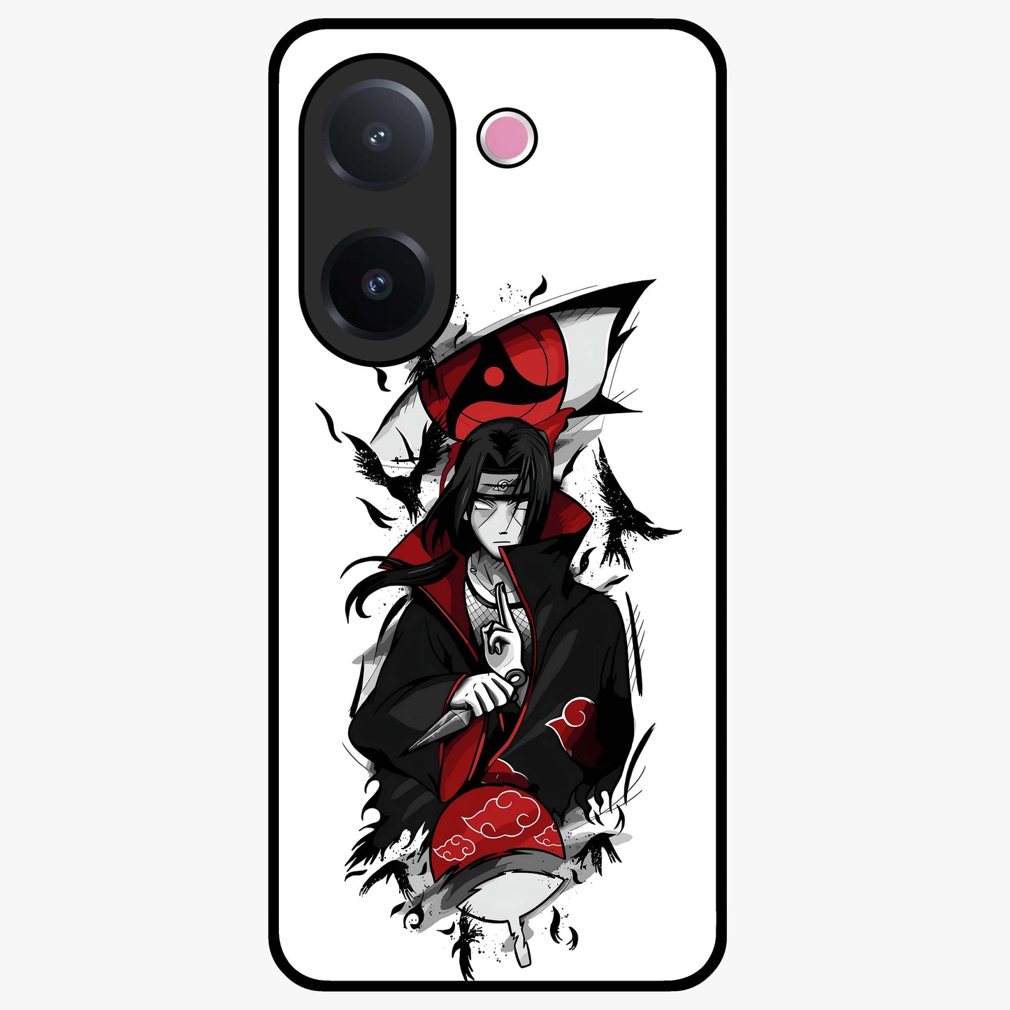 Itachi Sharingan Glass Case showing flat back view with powerful anime eye artwork and glossy glass finish.