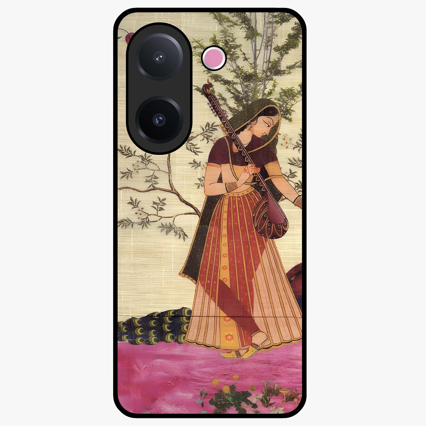 Lady With Veena Art Glass Case showing flat back view with elegant woman playing veena artwork and glossy glass finish.