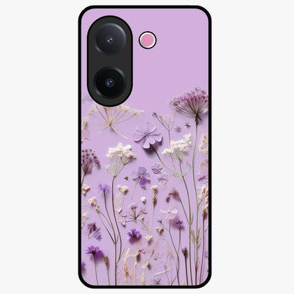 Lavender Blossom Dream Glass Case showing flat back view with soft lavender floral artwork and glossy glass finish.