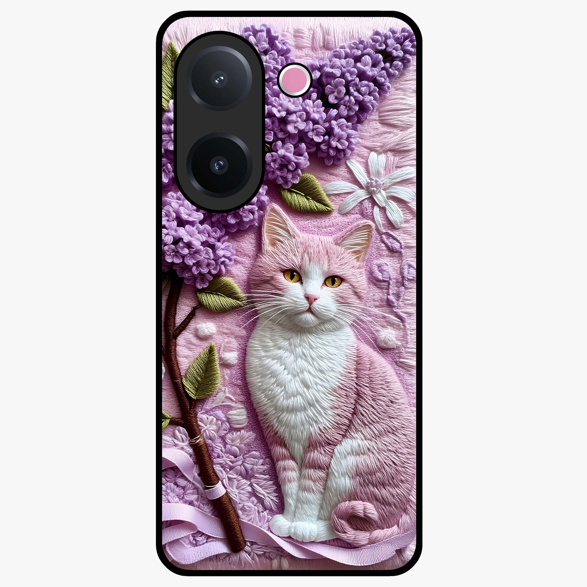 Lavender Cat Whimsy Glass Case showing flat back view with cute lavender cat artwork and glossy glass finish.