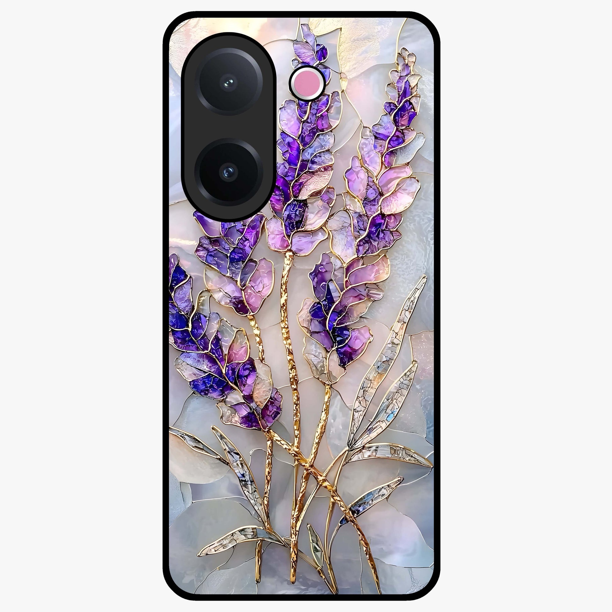 Lavender Dream Glow Glass Case showing flat back view with glowing lavender aesthetic artwork and glossy glass finish.