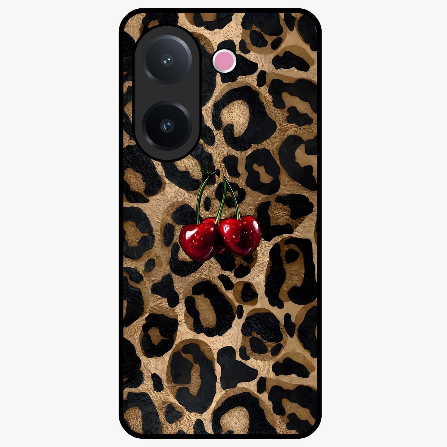 Leopard Wild Cherry Glass Case showing flat back view with leopard pattern and cherry artwork and glossy glass finish.