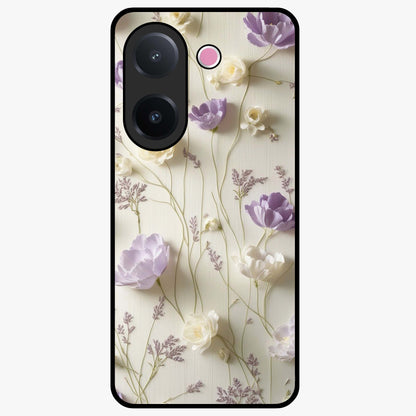 Lilac Breeze Harmony Glass Case showing flat back view with soft lilac themed artwork and glossy glass finish.