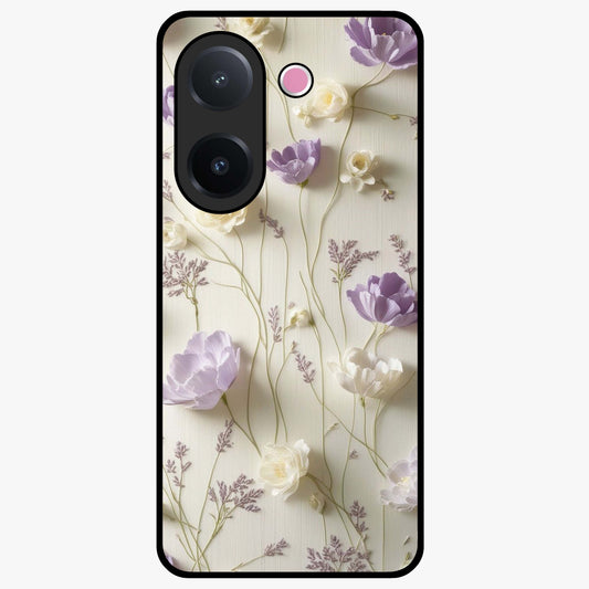 Lilac Breeze Harmony Glass Case showing flat back view with soft lilac themed artwork and glossy glass finish.