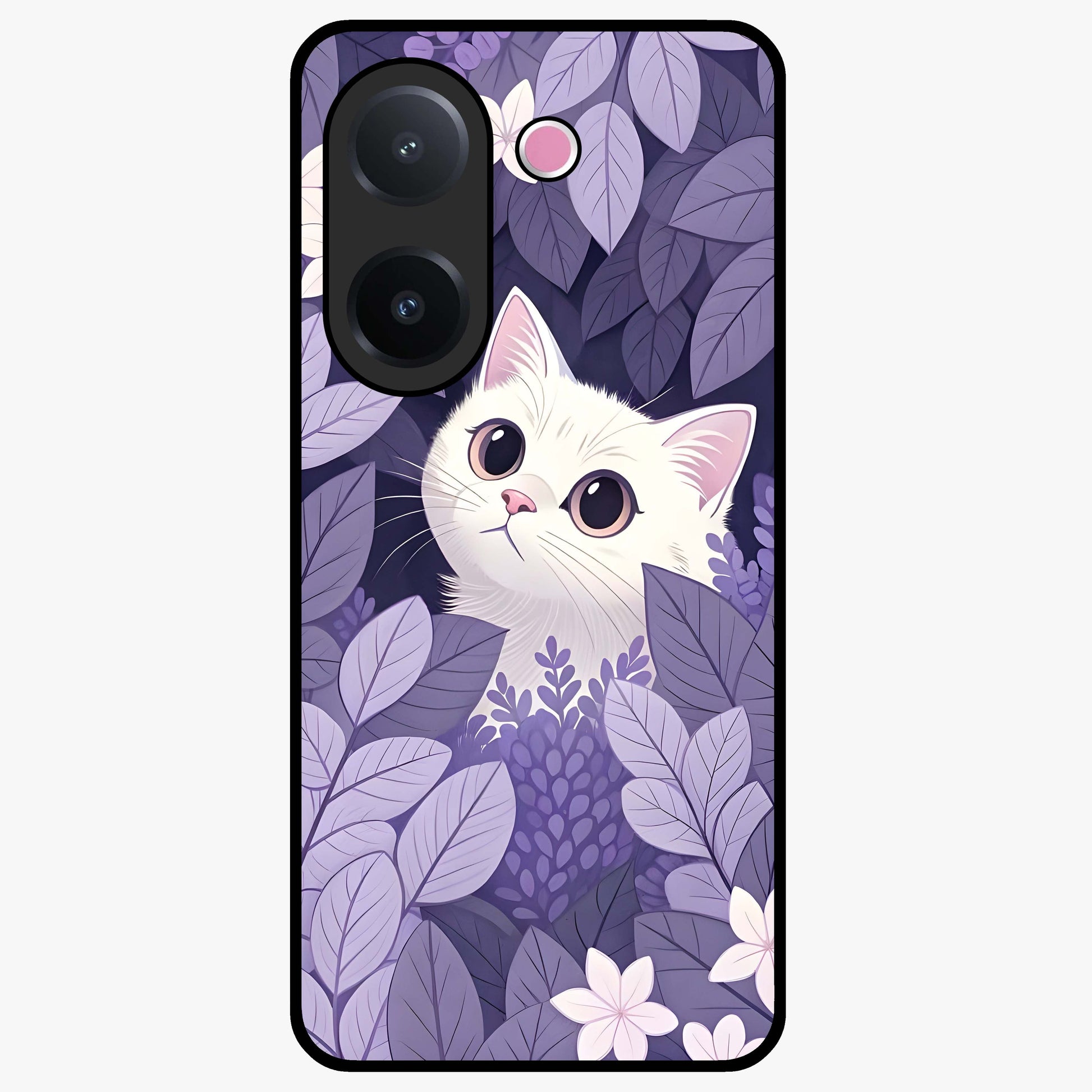 Lilac Hide Peek Cat Glass Case showing flat back view with cute peeking cat artwork and glossy glass finish.