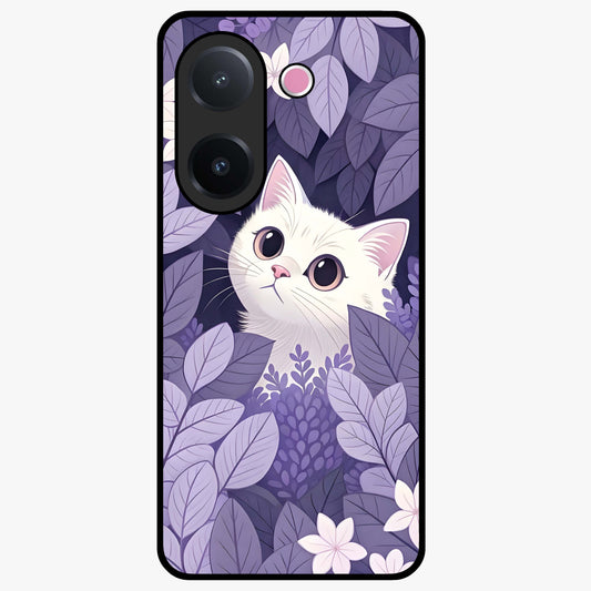 Lilac Hide Peek Cat Glass Case showing flat back view with cute peeking cat artwork and glossy glass finish.