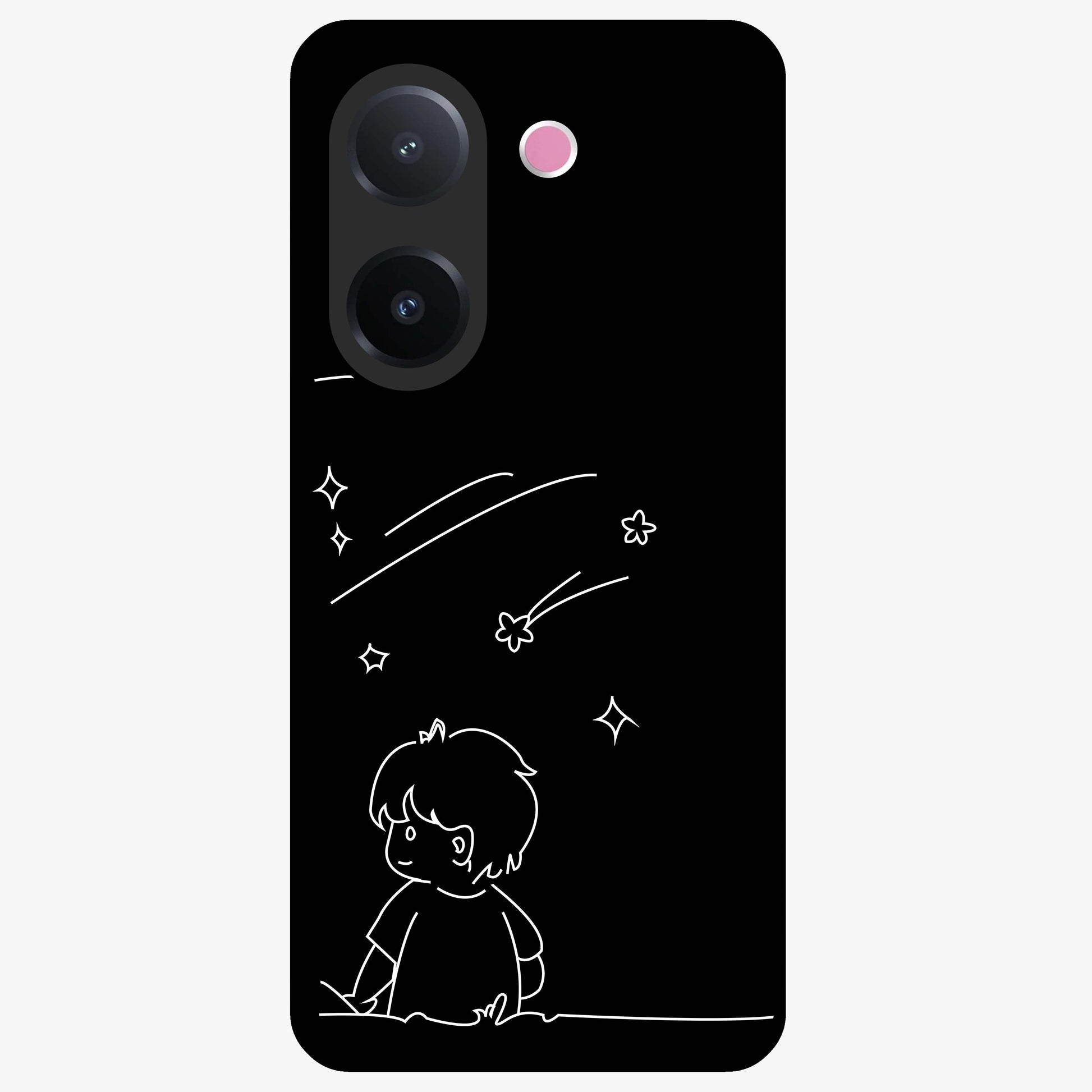 Line Art Boy With Shooting Stars Glass Case showing flat back view with minimal line art boy and shooting stars illustration and glossy glass finish.