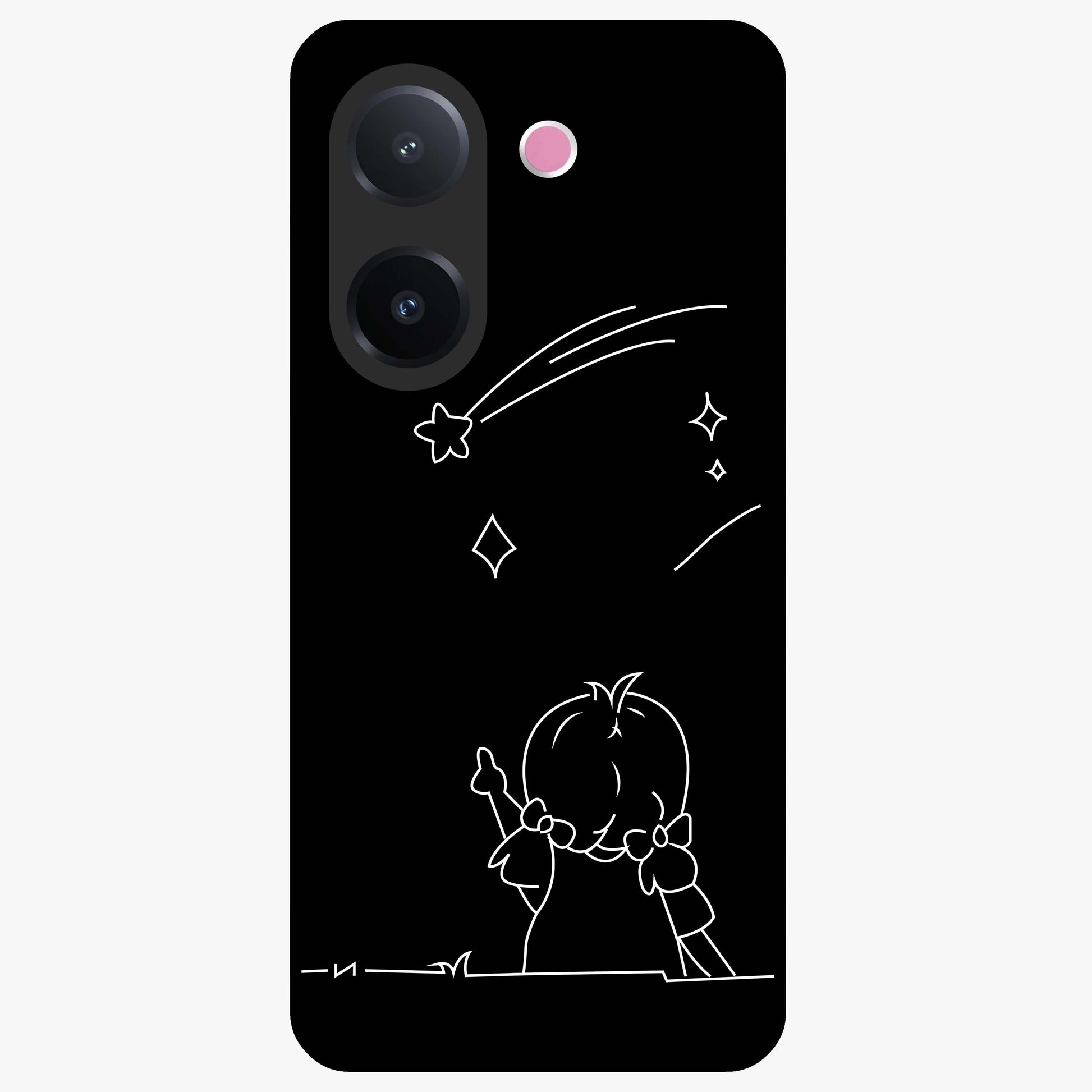 Line Art Girl With Shooting Stars Glass Case showing flat back view with minimal line art girl and shooting stars illustration and glossy glass finish.