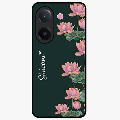Lotus Bloom Serenity Custom Name Glass Case showing flat back view with elegant lotus flower artwork and personalized name design.