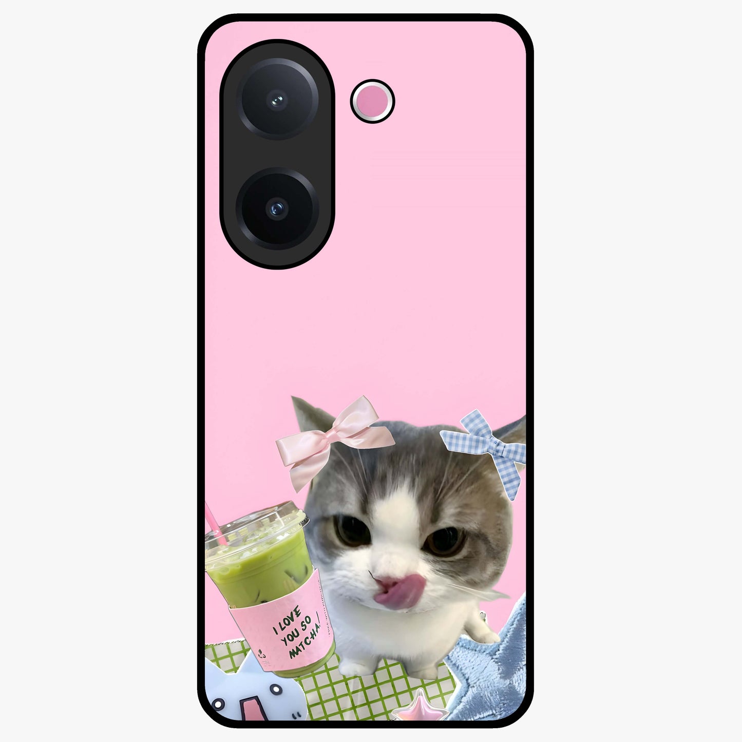 Love Matcha Cat Glass Case showing flat back view with cute cat and matcha themed artwork and glossy glass finish.