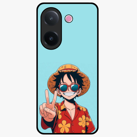 Luffy Summer Anime Vibe Glass Case showing flat back view with vibrant anime character artwork and glossy glass finish.