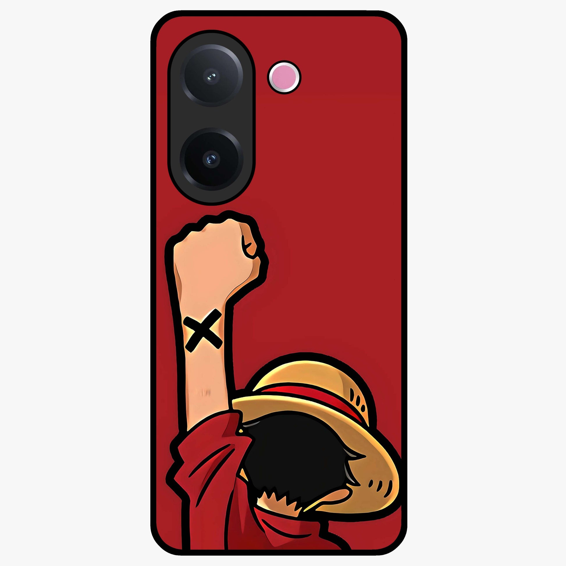 Luffy X Spirit Glass Case showing flat back view with bold anime character artwork and glossy glass finish.