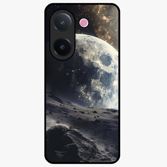 Lunar Horizon Glow Glass Case showing flat back view with glowing moon horizon artwork and glossy glass finish.