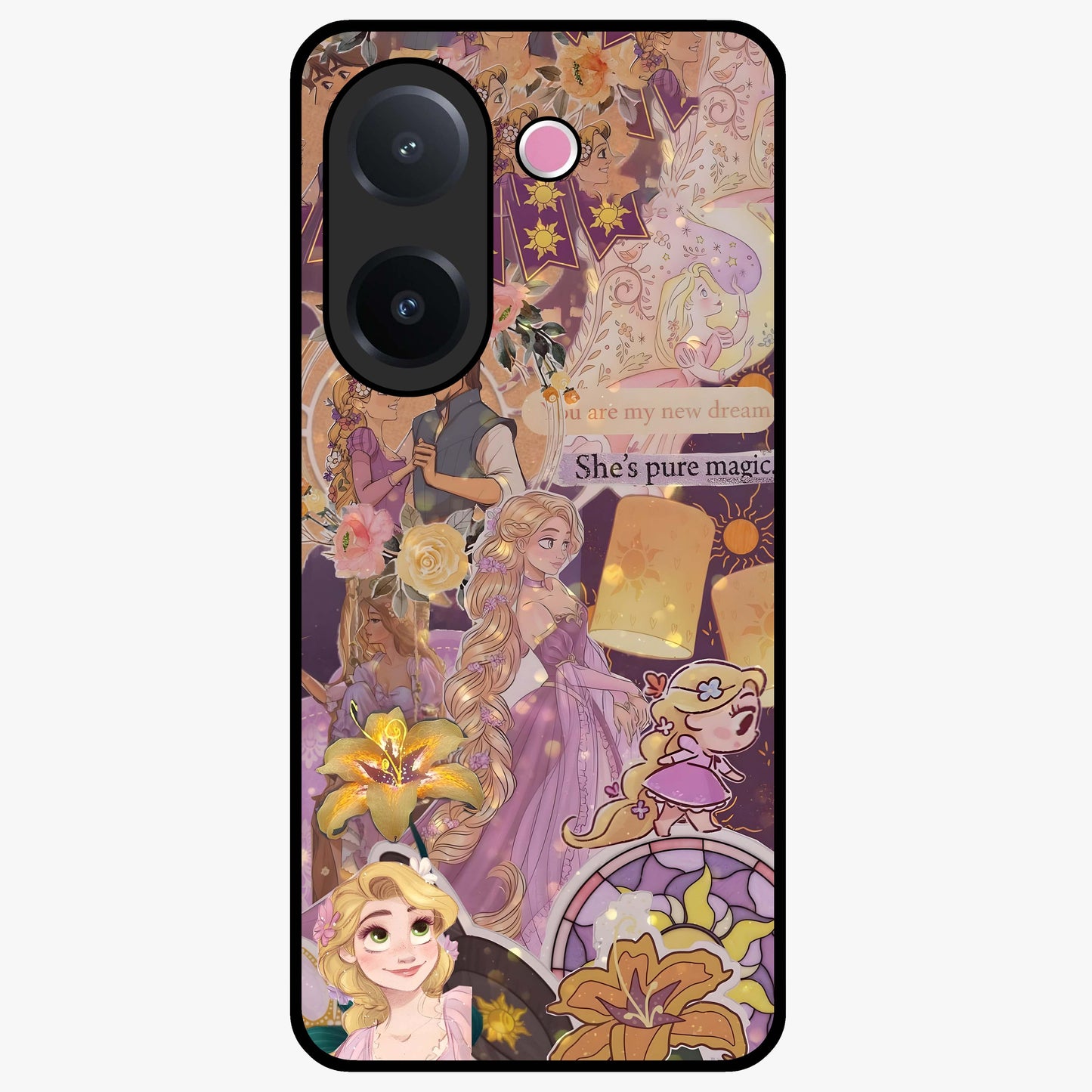 Magical Tangled Dream Glass Case showing flat back view with dreamy tangled artwork and glossy glass finish.