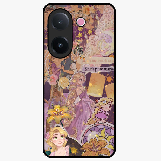 Magical Tangled Dream Glass Case showing flat back view with dreamy tangled artwork and glossy glass finish.