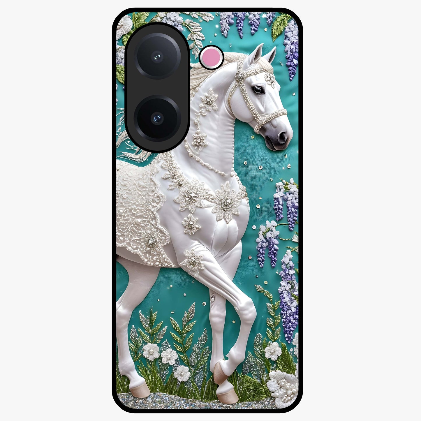 Majestic Floral Stallion Glass Case showing flat back view with powerful horse and floral artwork and glossy glass finish.